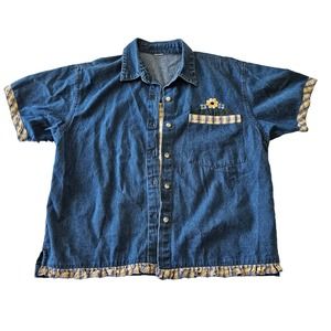 Women's Vintage‎ Blue & Yellow Gingham Denim Short Sleeve Sunflower Top. Size M